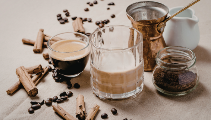 Caffeine setup with coffee and spices for CBD