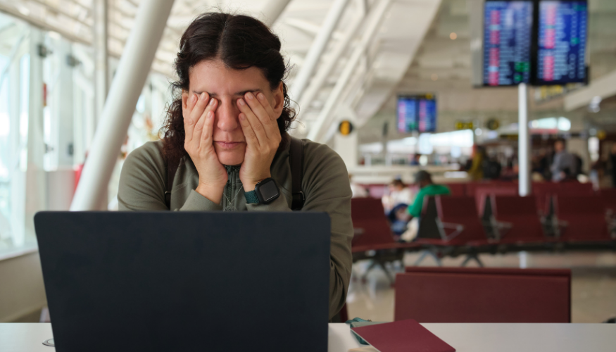 woman suffering jetlag at airport lounge